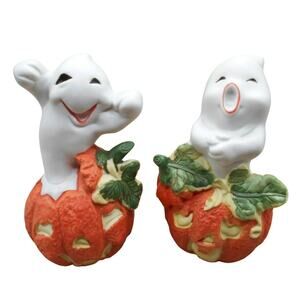 Halloween Ceramic Ghost Popping Out of Pumpkin Pair Vintage Brinn's 4" Taiwan